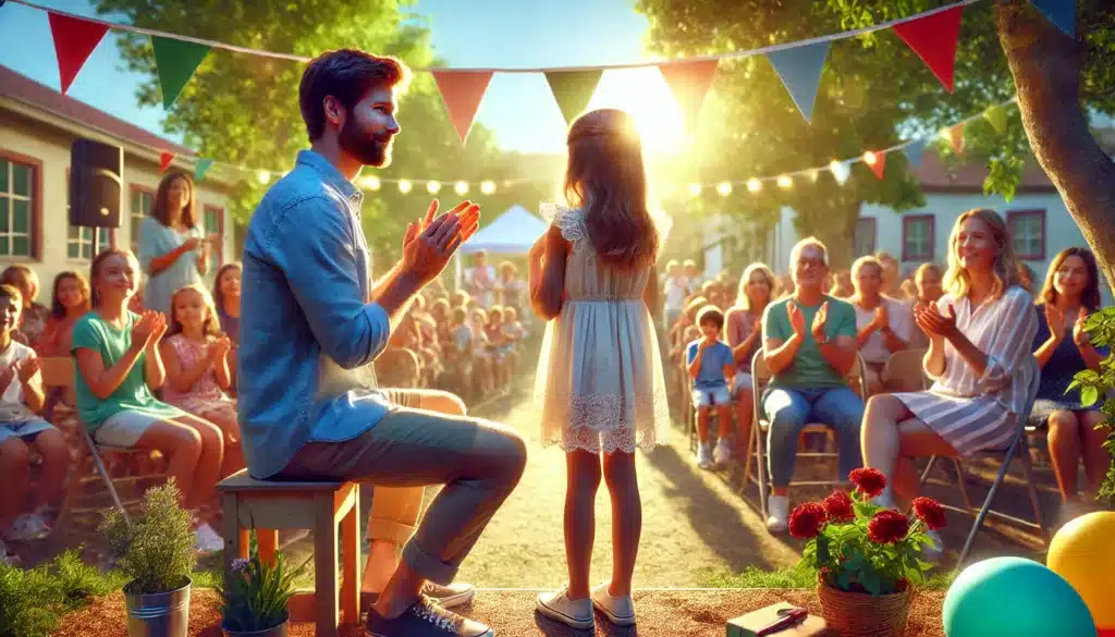 A photo-realistic, cinematic wide-angle image capturing a parent attending a school event to support their child after a divorce. The scene shows a warm, sunny day with vibrant summer vibes. The parent, a caring individual in their 30s, is standing proudly, clapping and cheering as their child, a young girl around 10 years old, performs on stage at a school event. The child looks happy and confident, while the parent exudes love and encouragement. In the background, other parents and children are seen, with soft lighting and natural greenery creating a relaxed and supportive atmosphere.