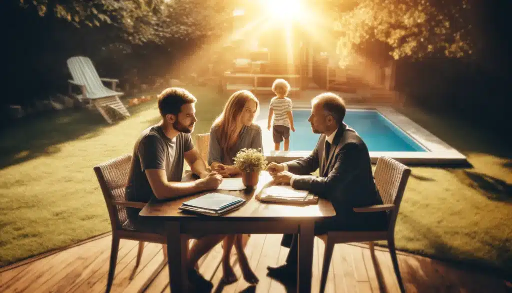 A wide-angle, photo-realistic, cinematic scene with summer vibes depicting a family law mediation focused on child custody in Texas. An outdoor setting shows two parents engaged in a calm discussion with a mediator at a table, with documents and a relaxed atmosphere. In the background, a child plays nearby, symbolizing the child-centered approach of custody mediation. Soft sunlight filters through trees, creating a warm, inviting ambiance that suggests cooperation and understanding. No cameras, equipment, or text in the image.