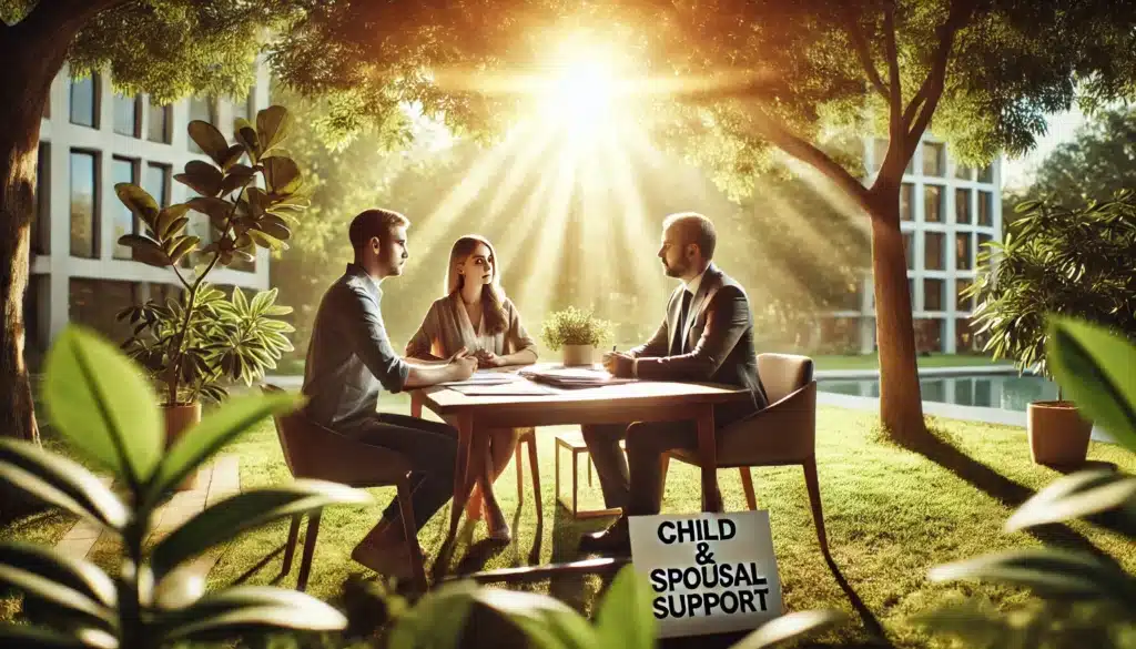 A wide-angle, photo-realistic, cinematic scene with summer vibes showing a family law mediation focused on child and spousal support. The setting is outdoors, with three individuals—two parents and a mediator—sitting at a table in discussion, surrounded by greenery and bathed in warm sunlight. Documents are laid out on the table as they discuss financial matters in a calm and cooperative atmosphere, reflecting a supportive approach to resolving child and spousal support issues. The background includes natural elements like trees, enhancing the peaceful and open ambiance. No cameras, equipment, or text in the image.