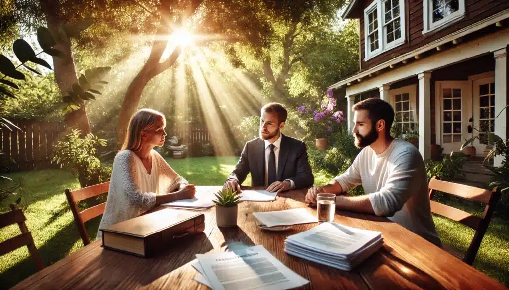 A wide-angle, photo-realistic, cinematic scene with summer vibes capturing special considerations in Texas family law cases. The outdoor setting is warm and inviting, with three individuals, including a mediator and two participants, seated at a table in discussion. Documents are spread out on the table, symbolizing important family law topics being considered. The individuals are engaged in a thoughtful conversation under soft sunlight filtering through nearby trees, creating a peaceful, cooperative atmosphere. The scene reflects focus and understanding, with natural elements like greenery enhancing the supportive setting. No cameras, equipment, or text in the image.