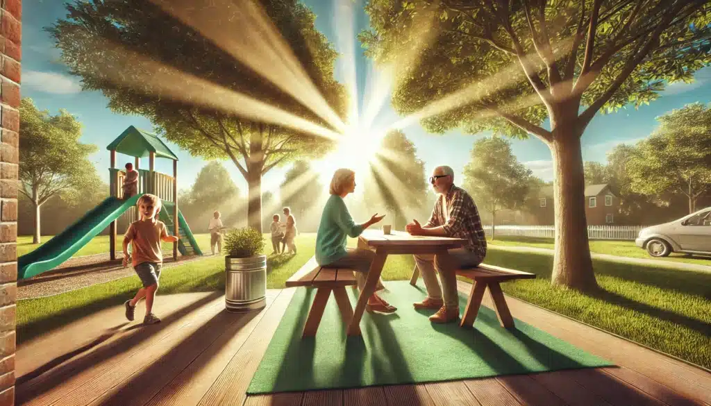 A wide-angle, photo-realistic, cinematic image with summer vibes, capturing the concept of 'practical advice for parents in custody situations.' The scene shows a peaceful outdoor setting in a park or backyard on a sunny day. Two parents are seated on a bench or picnic table, engaged in a calm discussion, with gentle expressions showing cooperation. Nearby, a child plays happily, symbolizing the positive impact of amicable custody arrangements. The background features green trees, bright blue sky, and warm sunlight, adding a sense of optimism and support for parents working together in custody situations.