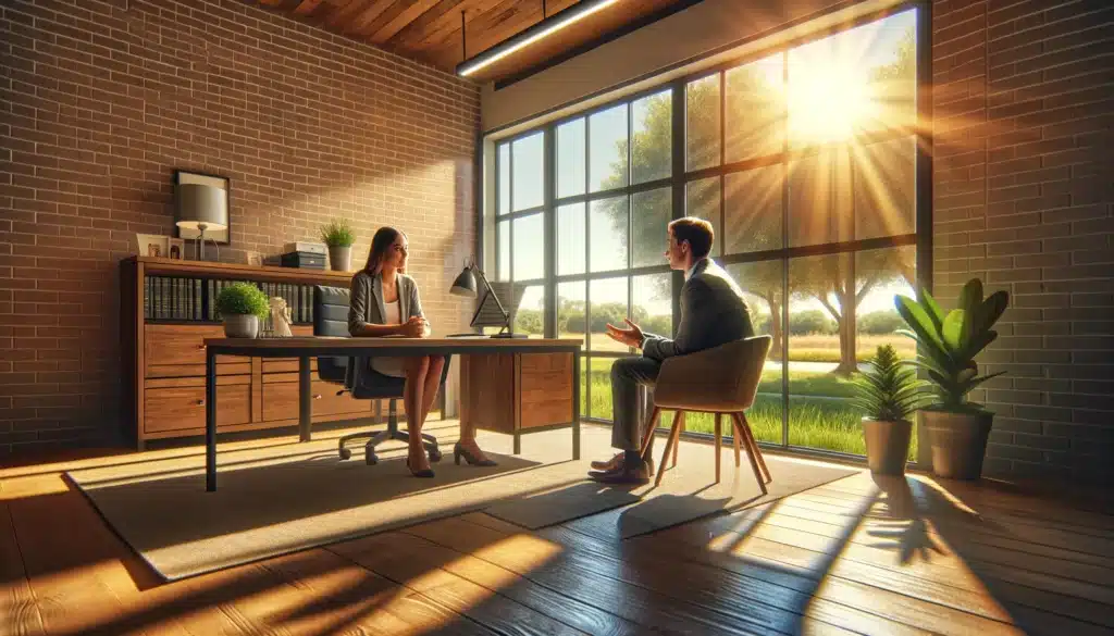 A photo-realistic, wide-angle, cinematic summer scene showing a client receiving practical advice from a divorce attorney in The Woodlands, Texas. The image captures a friendly, professional discussion in a modern office with large windows, allowing bright summer sunlight to illuminate the space. The client is seated across from the attorney, who is gesturing warmly, offering guidance. The atmosphere is welcoming and relaxed, with a view of vibrant Texas greenery outside the window. The setting emphasizes clarity, trust, and expert advice, creating a sense of comfort and reassurance for the client.