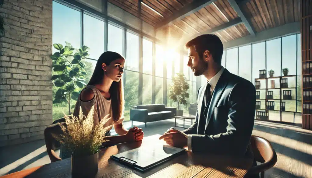 A wide-angle, photo-realistic cinematic scene of a skilled domestic violence and divorce attorney consulting with a client during a sunny summer day. The setting features a modern office with large windows letting in natural light, or an outdoor area with greenery. The attorney is seen actively listening and offering professional advice, while the client looks reassured and focused. The atmosphere is supportive and empathetic, capturing the connection and trust between the attorney and client. Summer light fills the space, creating a warm, inviting vibe.