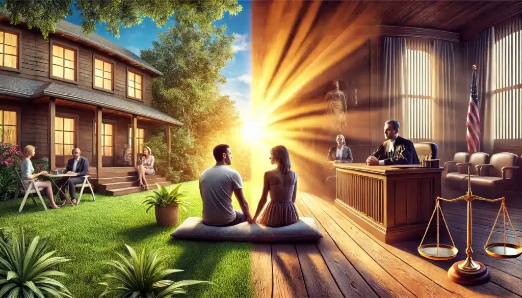 A wide-angle, photo-realistic cinematic image showing a comparison between mediation and traditional divorce litigation. On one side, a peaceful, outdoor setting with a couple seated calmly with a mediator, illustrating the collaborative nature of mediation. On the other side, a contrasting setting with a formal, tense courtroom scene symbolizing traditional divorce litigation. The summer vibe is conveyed with warm sunlight on the mediation side, highlighting the relaxed and cooperative approach, while the litigation side is shaded or has a more formal indoor look. The image emphasizes the benefits of a peaceful mediation process over adversarial litigation.