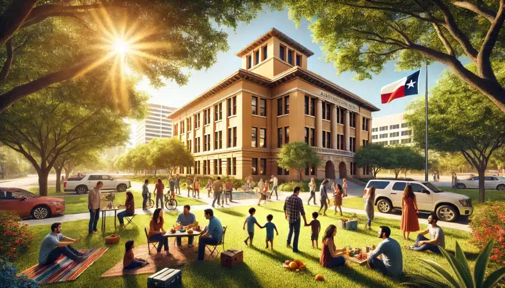 Wide-angle, photo-realistic, cinematic image with summer vibes, captured in the style of a wide-angle lens camera. An overview scene representing family law in Atascocita, Texas, featuring a courthouse and a calm park setting with families interacting. Sunlight streams through the trees, creating a warm glow. The scene includes diverse families engaged in activities like talking, playing, and walking, representing the themes of family and legal guidance. The courthouse building has classic Texas architecture with a welcoming look, and the surroundings include greenery and clear blue skies, enhancing the summer ambiance.