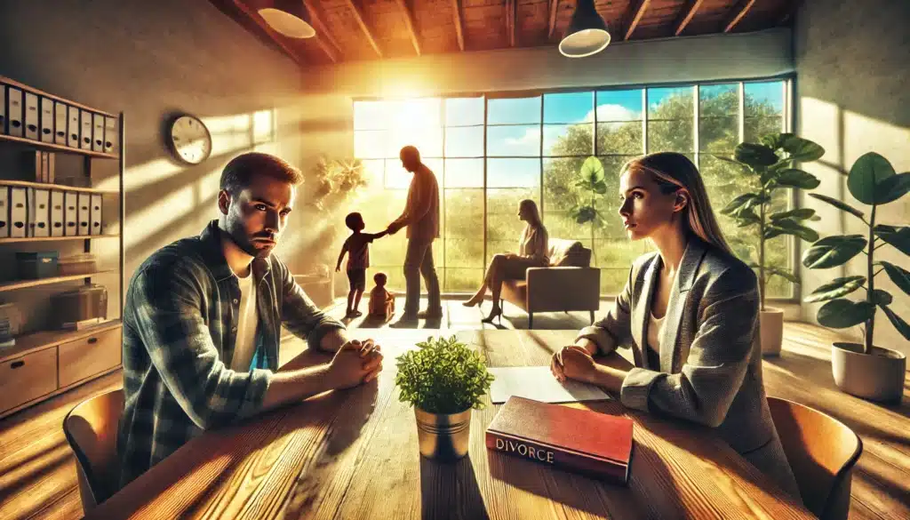 Wide-angle, photo-realistic, cinematic image with summer vibes. The scene visually represents common family law issues in Spring, Texas, focusing on divorce and child custody. A couple sits at a table looking tense, representing a divorce discussion, while a child is seen in the background playing with toys, symbolizing custody concerns. The setting is a modern, sunlit office with large windows and green trees visible outside. The atmosphere is warm and slightly somber, capturing the emotional complexity of family law issues on a sunny Texas day.