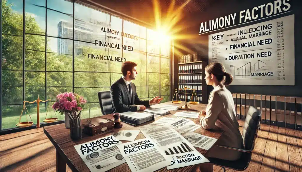 Wide-angle, photo-realistic, cinematic image with summer vibes depicting a professional setting in Texas. The scene shows an alimony attorney discussing key factors influencing alimony decisions with a client. They are seated at a large desk covered with legal documents, charts, and notes labeled 'Alimony Factors.' The attorney points to a document, explaining various considerations such as financial need and duration of marriage. Through the window, the bright Texas sun casts a warm, inviting glow, highlighting the lush greenery outside. The overall atmosphere is informative, professional, and supportive.