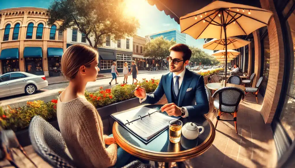 A wide-angle, photo-realistic cinematic image with summer vibes showing a family law attorney in Bellaire, Texas, sitting at a stylish outdoor café, explaining legal services to a client. The attorney, dressed professionally, gestures with a pen toward documents on the table, while the client listens attentively. The background features sunny, tree-lined streets of Bellaire with people walking and a relaxed, warm atmosphere. The image is captured in the style of a wide-angle lens photograph, with vibrant and realistic details, ensuring no visible cameras or camera equipment.