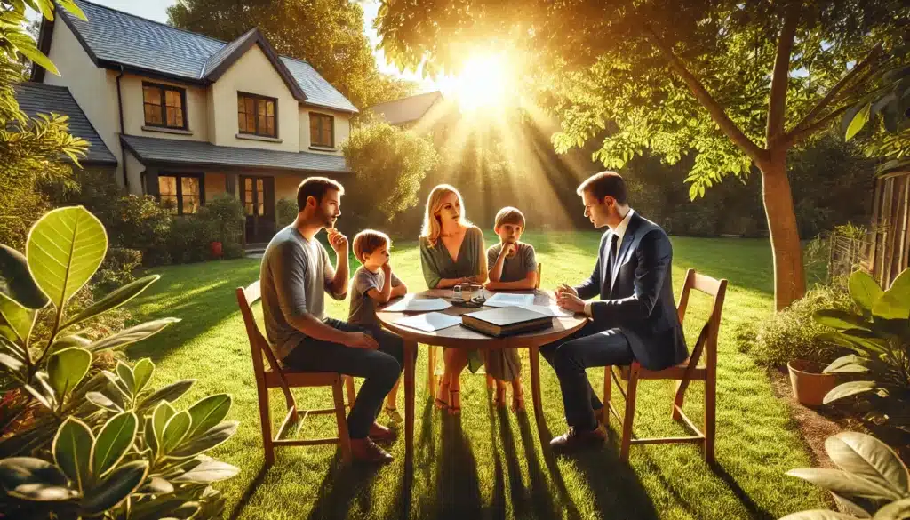 A wide-angle, photo-realistic, cinematic summer scene featuring a family sitting at a table in a sunlit park or backyard, discussing child custody options with a lawyer. The setting is warm and inviting, with lush green grass, dappled sunlight filtering through trees, and a few legal documents spread across the table. The family appears engaged in a serious yet collaborative discussion, symbolizing understanding and resolution. The lawyer is gesturing thoughtfully, and the background captures a peaceful suburban vibe with nearby homes and gardens.