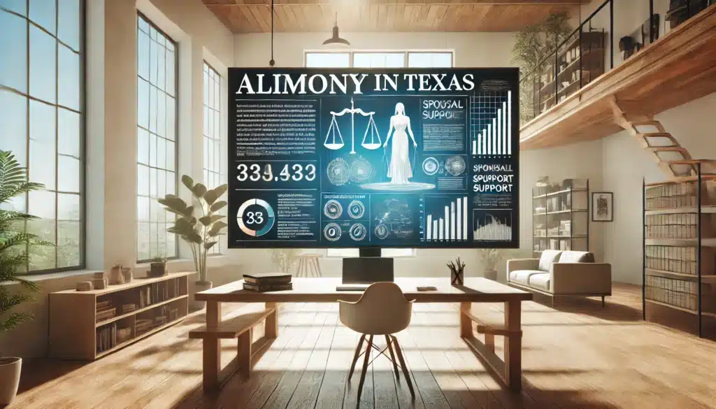 A wide-angle, photo-realistic, cinematic image with summer vibes, representing an infographic-style concept of alimony in Texas. The scene features a clean, modern workspace with a large digital screen displaying a visually appealing infographic about alimony. The infographic includes elements such as charts, scales of justice, and simplified text describing spousal support laws. The setting is bright and inviting, with natural sunlight pouring in through large windows, highlighting a professional yet approachable atmosphere.