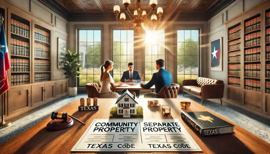 A wide-angle, photo-realistic, cinematic image with summer vibes illustrating the concept of property division in Texas divorces. The scene features a professional meeting room with a polished wooden table displaying documents labeled 'Community Property' and 'Separate Property,' alongside symbolic items such as a house model, a stack of cash, and a wedding ring. An attorney is seated across from a couple, explaining the distinctions and using a chart that outlines the Texas Family Code's framework for equitable division. Sunlight streams through large windows, creating a warm, inviting atmosphere, and the room features subtle Texas-themed decor like a lone star flag and rustic accents. The overall scene conveys clarity, professionalism, and hope for resolution.