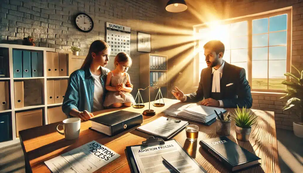 A cinematic, photo-realistic wide-angle image with summer vibes, capturing the challenges faced during the adoption process. The scene features a family sitting at a table with a lawyer, looking concerned as they review a stack of legal documents. The atmosphere is empathetic but hopeful, with sunlight streaming through nearby windows to symbolize optimism. The setting includes subtle details like a calendar with deadlines circled, a cup of coffee, and a folder labeled 'Adoption Process.' The image conveys both the emotional and procedural complexities of adoption, balanced with a sense of resolution and support.