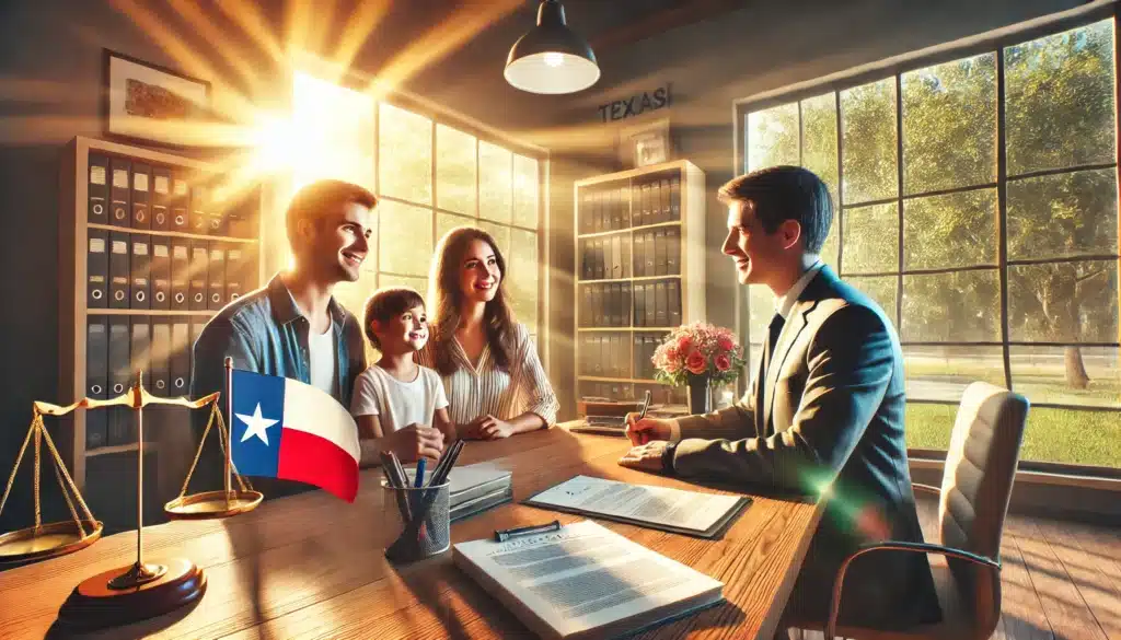 A cinematic, photo-realistic wide-angle image with summer vibes, showcasing experienced adoption attorneys guiding families. The scene features a professional attorney sitting at a round table with a smiling family, including two parents and a child, in a bright office. Sunlight streams through large windows, illuminating legal documents and a Texas flag on the desk. The atmosphere is warm, supportive, and collaborative, symbolizing trust and expertise. Subtle elements like bookshelves and family photos in the background add a welcoming touch.