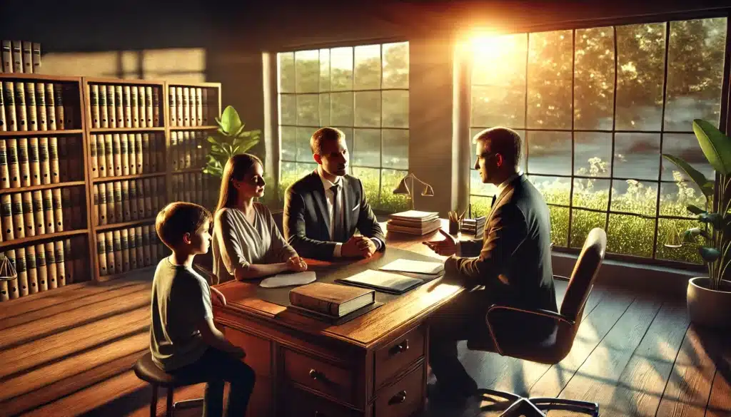 A cinematic, wide-angle, photo-realistic image of an attorney providing legal advice to a family in need. The setting is a professional office with a polished wooden desk, where the attorney sits across from a family of three, explaining legal documents. The scene is warmly lit by summer sunlight streaming through large windows, with greenery visible outside. The atmosphere conveys empathy, professionalism, and hope, emphasizing the supportive relationship between the attorney and the family.