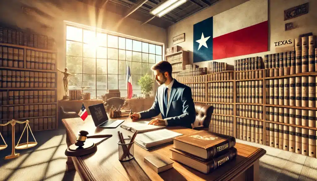 A wide-angle, photo-realistic, cinematic summer scene of an attorney preparing legal documents for a custody case in Texas. The setting features a well-lit office with warm sunlight streaming through large windows. The attorney is seated at a polished wooden desk, surrounded by organized legal documents, a laptop, and a Texas-themed coffee mug. In the background, there are shelves lined with law books and subtle decor reflecting the Lone Star State, such as a Texas flag or a map. The atmosphere conveys professionalism, focus, and dedication, with a summer ambiance highlighting the bright and welcoming environment.