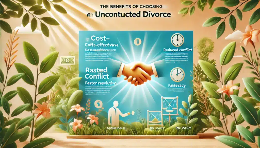 An infographic illustration highlighting the benefits of choosing an uncontested divorce. The design features a serene summer theme with soft natural elements like green foliage, a clear blue sky, and warm sunlight in the background. Key points such as cost-effectiveness, reduced conflict, faster resolution, and privacy are visually represented with icons like money-saving symbols, handshake, clock, and a shield for privacy. The layout is modern, professional, and easy-to-read, captured in a wide-angle, cinematic, photo-realistic style with vibrant summer vibes.
