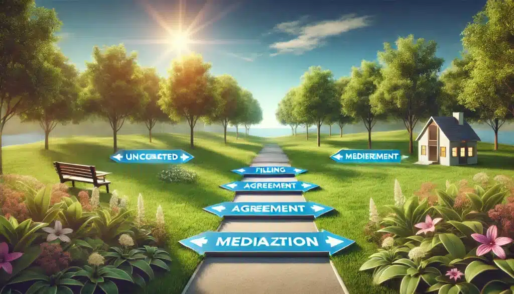 A visual guide to the key steps in the uncontested divorce process, presented in a serene outdoor summer setting. The image features a wide-angle view of a park with a pathway representing the divorce journey, marked with clear and engaging signposts for each step: Filing, Agreement, Mediation, and Finalization. The background includes lush green trees, a bright blue sky, and soft sunlight to evoke summer vibes. The scene is cinematic and photo-realistic, with a professional and approachable design.