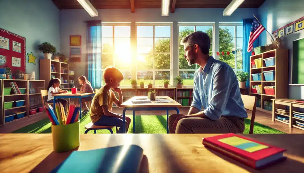 A cinematic, wide-angle, photo-realistic image capturing the essence of supporting children's education during divorce. The scene features a concerned parent sitting across from a teacher in a brightly lit classroom, with the child in the background working on an assignment. The classroom is filled with vibrant educational materials, and a summer vibe is conveyed through sunlight streaming in from large windows overlooking a green, sunny schoolyard. The atmosphere highlights collaboration and open communication, symbolizing efforts to support the child's education during a challenging time.