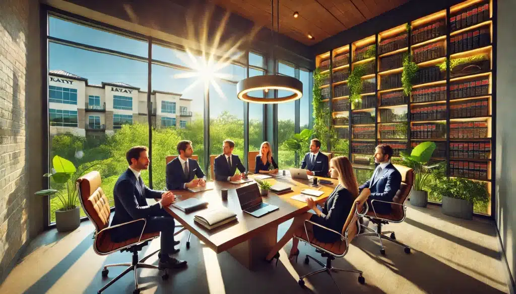 A wide-angle, photo-realistic, cinematic image capturing summer vibes. A professional group of family law mediation attorneys in a modern, sunlit office in Katy, Texas. The attorneys are seated around a polished wooden conference table, engaging in a collaborative discussion with notebooks, laptops, and documents spread out. The large windows reveal bright sunlight and lush greenery, creating a vibrant summer atmosphere. The attorneys are dressed in formal attire, exuding professionalism and approachability.