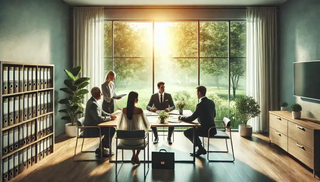A wide-angle, photo-realistic, cinematic image with summer vibes illustrating a collaborative divorce process. The setting includes a professional meeting room with large windows letting in natural light, showing a calm and productive discussion among a couple, their attorneys, and a financial advisor. The environment conveys harmony and cooperation with soft greenery visible outside.