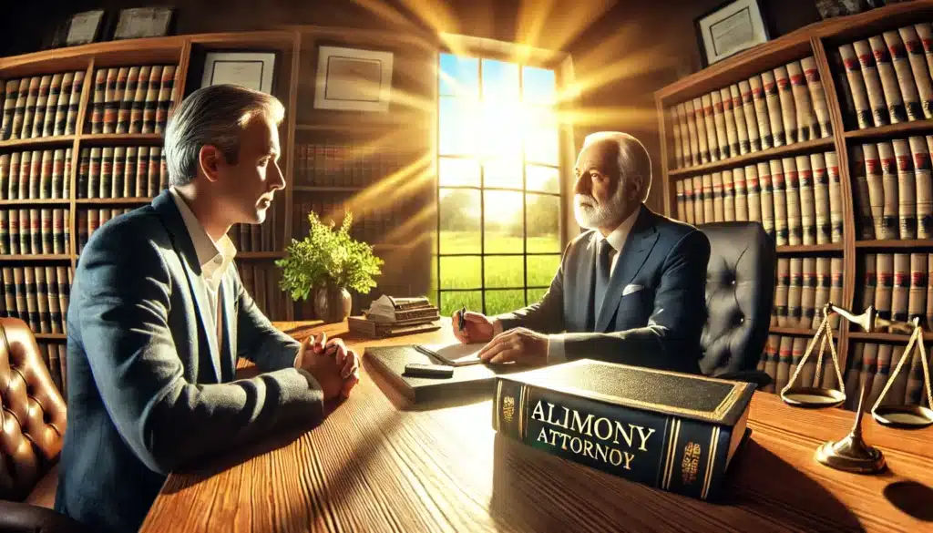 A cinematic, wide-angle, photo-realistic image depicting an experienced alimony attorney in a sophisticated office setting. The attorney is seated at a large wooden desk, engaged in a confident discussion with a client, who looks reassured. The background includes law books, framed certificates, and a window with bright summer sunlight streaming in, offering a view of a vibrant green landscape. The atmosphere conveys professionalism, trust, and effective legal representation with warm summer vibes.