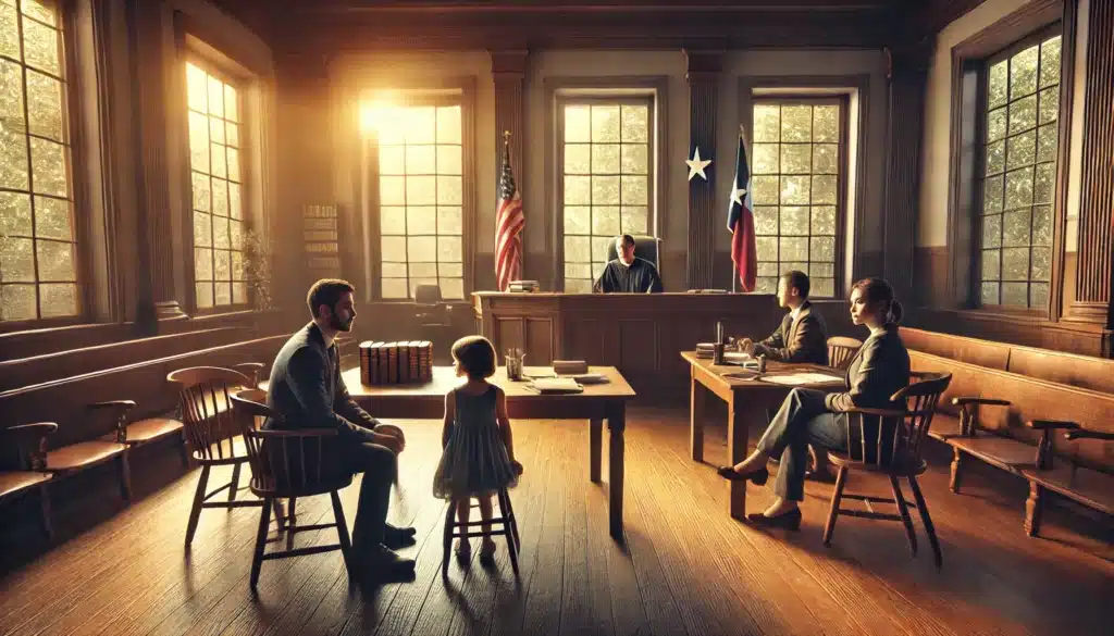 A cinematic, wide-angle, photo-realistic image of a courtroom scene illustrating factors Texas courts consider in child custody arrangements. The scene captures a judge seated at the bench with a thoughtful expression, attorneys presenting their case at separate tables, and a parent sitting attentively beside their lawyer. Warm summer light filters through large windows, creating a balanced and inviting atmosphere. Subtle details like the Texas state flag, legal documents on the tables, and a calm courtroom setting reflect professionalism and focus on family law proceedings.