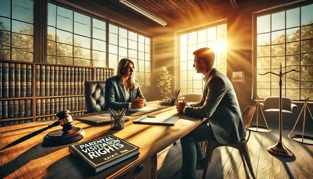 A wide-angle, photo-realistic, cinematic image of a summer day showing an experienced attorney consulting with a client about parental visitation rights in Katy, Texas. The scene features a professional office setting with large windows letting in natural sunlight, creating a warm and inviting atmosphere. The attorney is engaged in a discussion with a parent, with legal documents and notes on the desk. The setting evokes a sense of trust, professionalism, and support. No words or camera equipment are visible in the image.