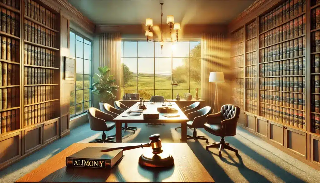 A wide-angle, photo-realistic, cinematic image representing an overview of alimony in Texas. The scene includes a law office setting with a warm, sunny summer vibe. A large window with natural light pouring in, highlighting a conference table with legal documents, a gavel, and a legal book. The setting subtly conveys a professional yet relaxed environment where discussions about alimony are taking place. The background features a Texas landscape with green trees and sunlight, creating a harmonious and inviting atmosphere.