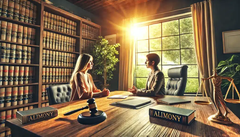 A wide-angle, photo-realistic, cinematic image depicting a Katy divorce attorney discussing alimony with a client. The scene is set in a cozy, sunlit law office with summer vibes. A professional, yet warm atmosphere with a large window letting in natural light. The attorney, dressed in professional attire, is sitting across from the client at a conference table, with legal documents and a laptop in front of them. The office background includes legal books, a gavel, and a relaxed environment with greenery visible outside the window.