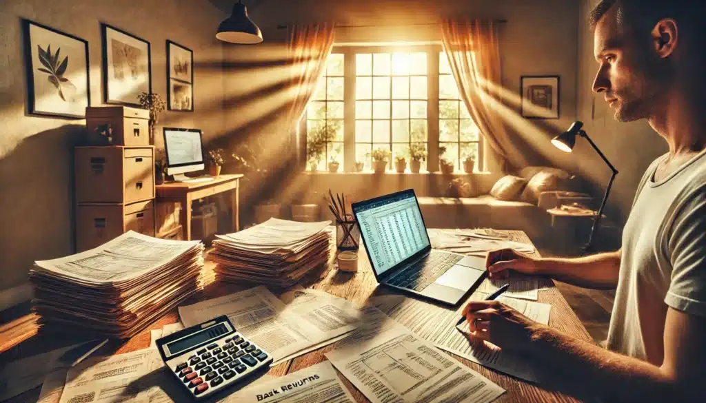 A wide-angle, photo-realistic, cinematic image of a person preparing for an alimony case with financial documentation. The scene is set in a home office with a warm, sunny summer vibe. The desk is neatly organized with piles of financial documents, tax returns, bank statements, and a laptop open with a spreadsheet on the screen. Natural light pours in from a window, illuminating the workspace. The background features cozy decor and greenery visible outside, creating a peaceful yet focused environment for preparing legal documents.