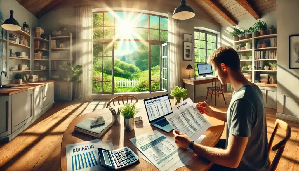 A wide-angle, photo-realistic, cinematic image illustrating the impact of alimony on financial stability. The scene is set in a bright, sunny home office with a summer vibe. The desk has financial documents, a calculator, and a laptop displaying a budget spreadsheet. In the background, a person is reviewing the documents with a concerned yet focused expression, symbolizing the impact of alimony on their finances. The room is filled with natural light streaming through large windows, with a peaceful, green landscape outside, creating a serene yet thoughtful atmosphere.