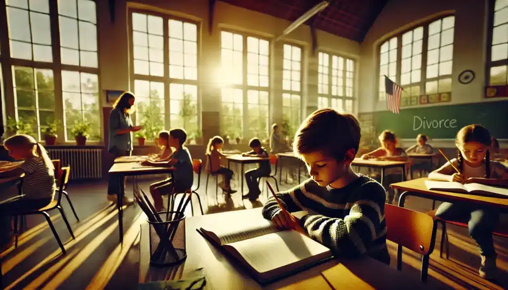 A cinematic, photo-realistic wide-angle image capturing the impact of divorce on children's academic performance. The scene is set in a summer-lit classroom with large windows letting in natural sunlight. A young child sits alone at a desk, looking thoughtful and distracted, with an open notebook and pencil in front of them. In the background, other children are engaged in group activities, creating a subtle contrast. The atmosphere conveys a mix of introspection and resilience, with a caring teacher visible in the distance, observing and offering silent support. The setting is warm and evocative, symbolizing the challenges and the potential for support during difficult times.