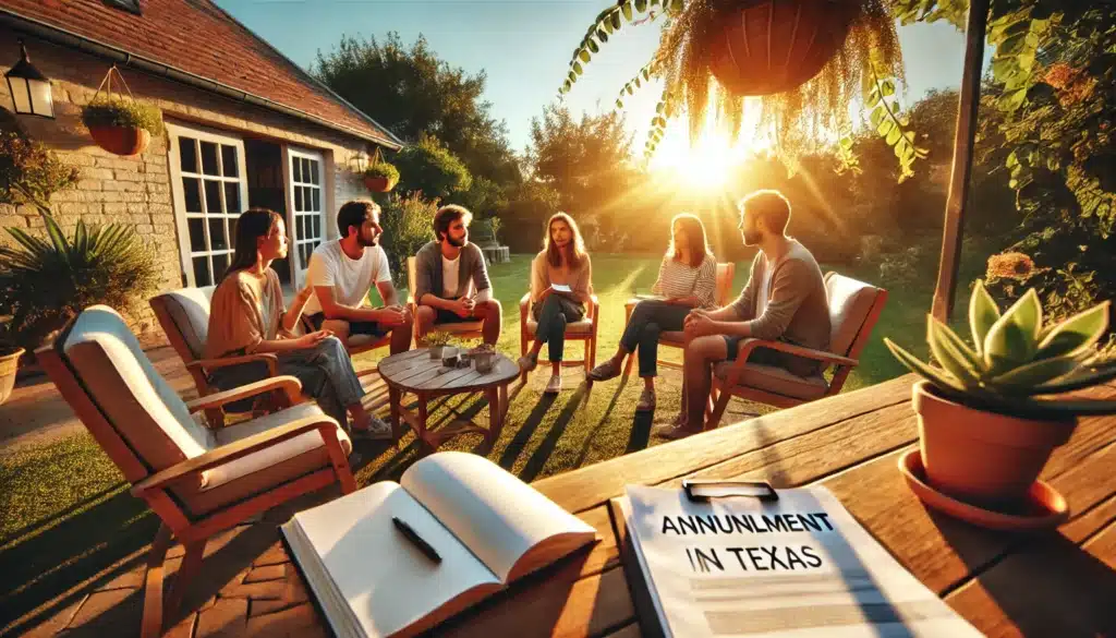 A wide-angle, photo-realistic, cinematic image with summer vibes depicting a serene outdoor setting where individuals are sharing their real-life stories about annulment in Texas. The scene features a small group sitting together on a sunlit patio, with one person holding a notepad and others speaking emotionally but optimistically. Warm golden light from the sunset enhances the atmosphere, creating a reflective yet uplifting mood. A few legal documents subtly placed on a table hint at the context of annulment cases.