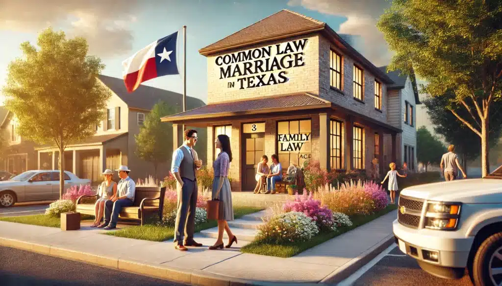 A photo-realistic, cinematic wide-angle image with summer vibes, illustrating the concept of common law marriage in Texas. The scene shows a warm Texas suburban neighborhood backdrop, with a family law office prominently featured in the foreground. A couple stands outside, engaged in a thoughtful conversation with a lawyer, while children play nearby. The atmosphere is welcoming and professional, with details like a Texas state flag, blooming summer flowers, and a well-kept path leading to the office. The image conveys a sense of community, legal guidance, and family-focused support.