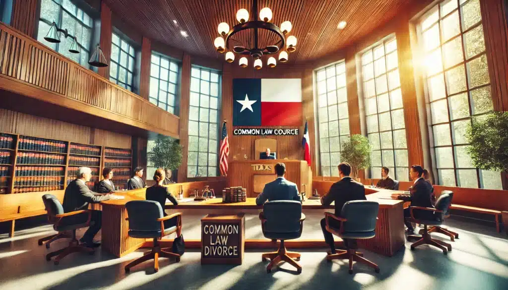 A photo-realistic, cinematic wide-angle image with summer vibes, depicting Texas courts handling common law divorce cases. The scene features a bright and modern courtroom with a Texas flag prominently displayed behind the judge's bench. A judge is presiding over a case, while attorneys on either side present their arguments. The atmosphere conveys professionalism and focus, with natural sunlight streaming through tall windows and illuminating the wood-paneled interiors. The image includes subtle details like legal documents, attentive jurors, and the scales of justice symbol, emphasizing the gravity and fairness of the proceedings.