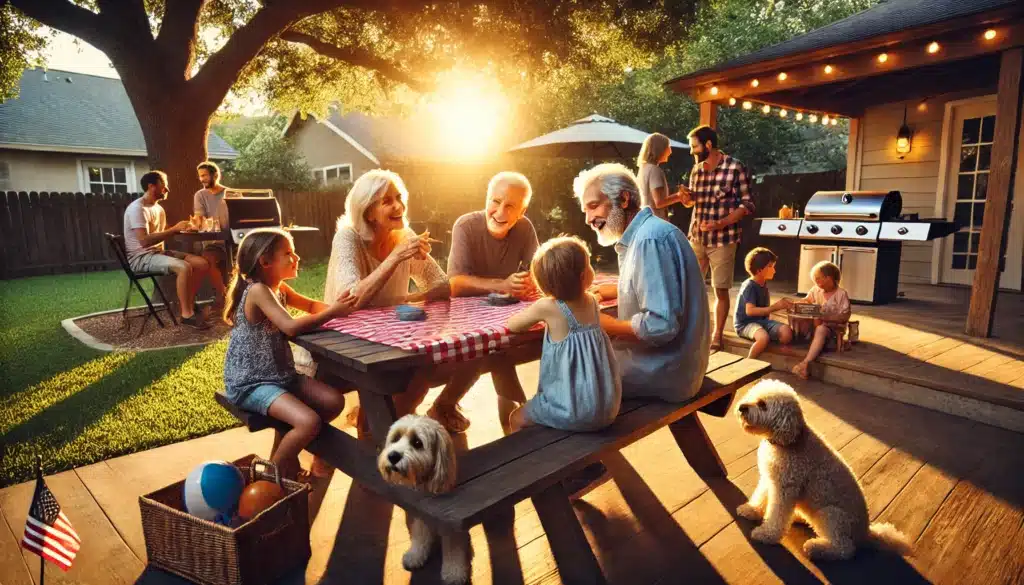 A wide-angle, photo-realistic, cinematic image with summer vibes capturing a lively family gathering. The scene shows grandparents joyfully interacting with their grandchildren in a sunlit backyard. The grandparents are seated on a picnic bench, sharing stories, while children play nearby with toys and a small dog. The backdrop includes green trees, a barbecue grill, and a warm, inviting atmosphere that represents family unity and connection in Texas.