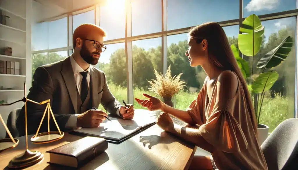 A wide-angle, photo-realistic, cinematic image with summer vibes capturing a professional family law attorney discussing legal matters with a client. The setting is a modern, sunlit office with large windows overlooking greenery. The attorney is seated across a desk, actively listening and taking notes, while the client gestures, explaining their situation. The scene conveys professionalism, trust, and the importance of legal representation.