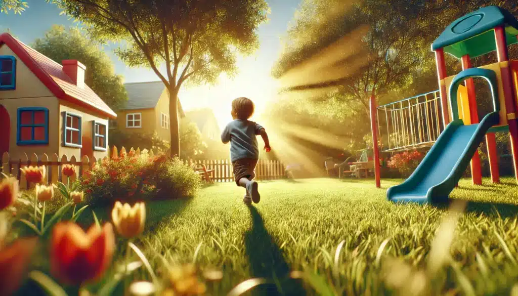 A wide-angle, photo-realistic, cinematic image with summer vibes capturing a child playing happily in a safe environment. The scene features a cheerful child running on lush green grass, with a colorful playground and blooming flowers in the background. The warm sunlight filters through trees, casting a golden glow, creating a serene and joyful atmosphere. The image emphasizes the positive impact of a nurturing and secure custody arrangement on a child's life.
