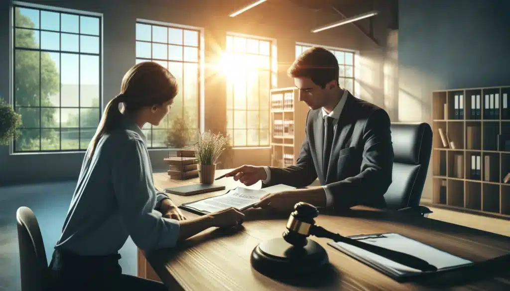 A wide-angle, photo-realistic, cinematic image with summer vibes capturing a family law attorney explaining legal documents to a client. The scene takes place in a bright, modern office with large windows letting in natural sunlight. The attorney sits across a sleek wooden desk, pointing to a document while the client listens attentively. The background features bookshelves, potted plants, and a calm, professional atmosphere, highlighting the importance of professional legal representation.