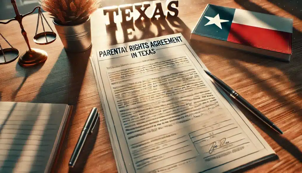 A wide-angle, photo-realistic, cinematic image of a legal document representing parental rights in Texas. The scene captures summer vibes with warm sunlight streaming onto the document, which is placed on a polished wooden desk. The document is partially filled out, with visible lines of legal text and the heading 'Parental Rights Agreement' in bold. A pen rests beside the paper, and the background features a subtle Texas-themed decor, such as a small Lone Star flag and soft greenery, creating an atmosphere of professionalism and serenity.