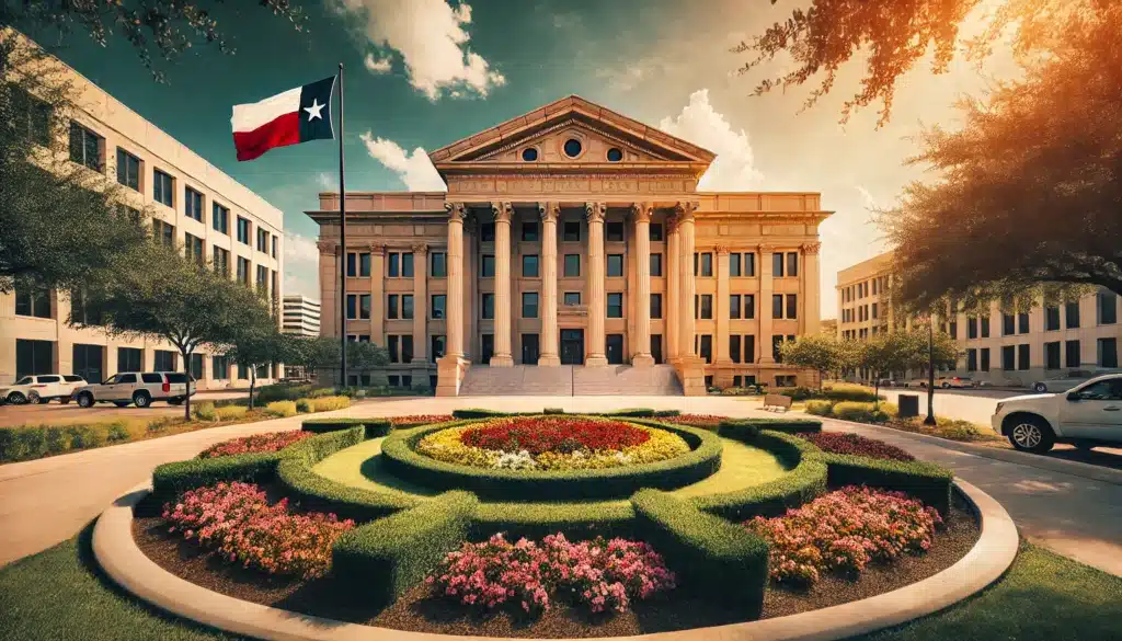 A photo-realistic, cinematic, wide-angle image of a Texas court building in summer. The scene captures the building's grand architecture with columns and a spacious entrance, surrounded by well-manicured lawns and blooming summer flowers. The sunlight casts warm tones, creating a welcoming and professional vibe. The Texas flag waves prominently in the background, emphasizing the location and importance of the setting in family law matters.