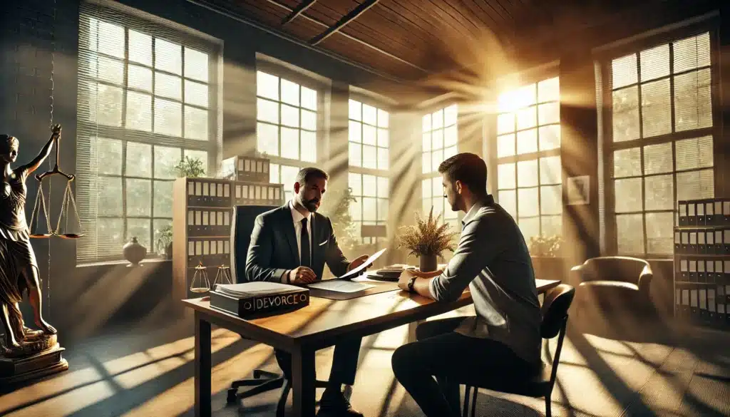 A cinematic, photo-realistic wide-angle image depicting the role of a family law attorney in the divorce process. The scene shows a professional attorney sitting across a desk from a client in a warmly lit office, with summer sunlight streaming through large windows. The attorney is explaining documents while the client listens attentively, a calm and supportive atmosphere surrounding them. The office is adorned with subtle legal decor and personal touches, creating an inviting and professional environment. The mood emphasizes trust, guidance, and resolution.