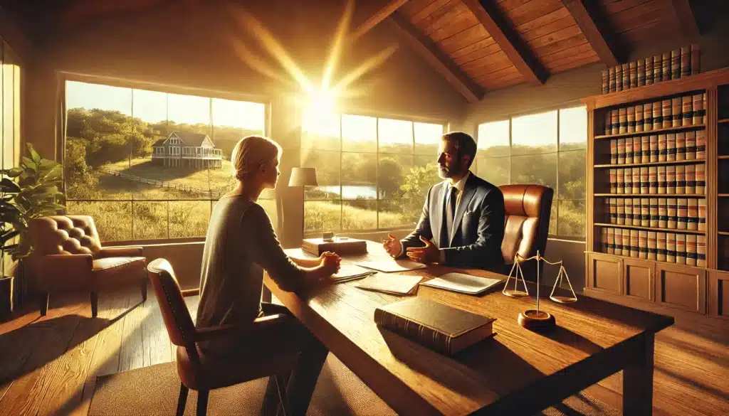 A cinematic, photo-realistic, wide-angle image of a family law attorney having a professional discussion with a client about divorce options in Tomball, Texas. The setting is a sunlit office with large windows overlooking a peaceful Texas summer landscape. The attorney sits across a wooden desk, holding legal documents, while the client listens attentively. The atmosphere is warm and inviting, with soft golden light enhancing the summer vibes and creating a professional yet comforting environment.
