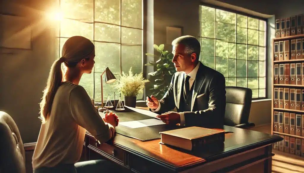 A cinematic, photo-realistic, wide-angle image of an experienced divorce attorney consulting with a client about legal options. The setting is a sunlit, professional office with large windows overlooking a serene summer landscape. The attorney sits confidently at a polished desk, holding legal documents and explaining them to the client, who listens attentively. The atmosphere is professional yet inviting, with warm lighting, subtle decor, and an air of trust and expertise. The summer vibes are emphasized by the natural light and greenery visible through the windows.