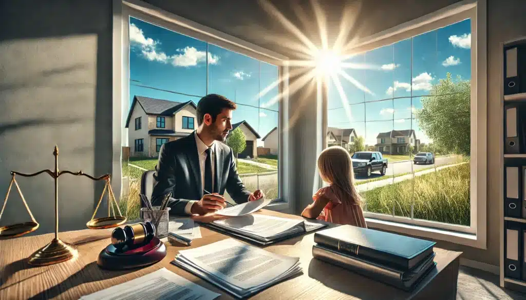 A wide-angle, photo-realistic cinematic image with summer vibes, depicting the importance of experienced child custody attorneys in navigating legal challenges. The scene features a professional attorney in a modern office, discussing legal documents with a client. The desk is covered with papers, a laptop, and a coffee mug, symbolizing hard work and focus. Through large windows, a bright summer day with a suburban Texas neighborhood is visible, adding warmth and optimism. The composition highlights professionalism, trust, and expert guidance.