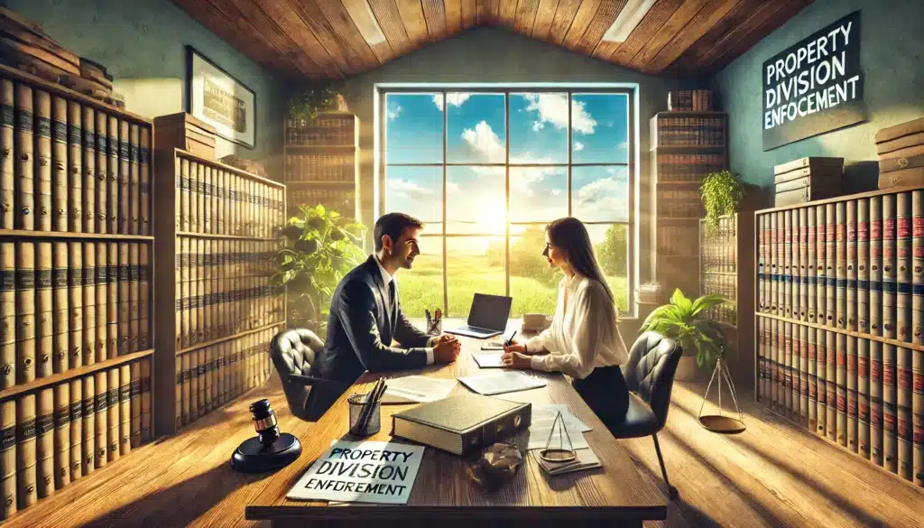 A wide-angle, photo-realistic, cinematic image with summer vibes illustrating the role of property division enforcement attorneys. The scene features an attorney sitting at a desk with a client in a well-lit legal office. Documents and a laptop are on the desk, symbolizing the legal work involved, while a bookshelf filled with law books is visible in the background. The window in the office reveals a sunny Texas summer landscape with lush greenery and a bright blue sky. The attorney's demeanor is professional and approachable, emphasizing guidance and expertise. The mood is confident, supportive, and solution-oriented.