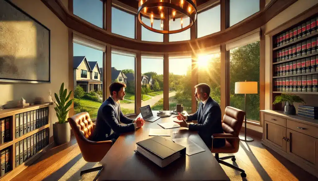 A wide-angle, photo-realistic, cinematic image of a professional family law consultation in Humble, Texas, during a sunny summer day. The scene shows a client seated across a desk from a compassionate attorney in a well-lit, modern office with large windows overlooking a peaceful Texas suburban neighborhood. The attorney is explaining legal documents, with a sense of professionalism and clarity. The summer atmosphere is highlighted by natural lighting, warm tones, and vibrant greenery visible through the windows, creating a welcoming and focused environment. No cameras or equipment visible.