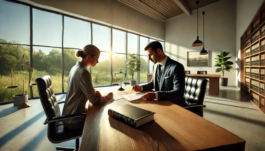 A wide-angle, photo-realistic, cinematic image of a dedicated divorce lawyer consulting with a client in a professional office setting during a sunny summer day. The lawyer, dressed in formal attire, is seated across a wooden desk, attentively reviewing legal documents with the client. The office features large windows letting in natural sunlight, with a view of a serene summer landscape outside, including green trees and clear skies. The atmosphere reflects professionalism, trust, and focus, emphasizing the lawyer's role in guiding the client through family law cases. No cameras or equipment visible.