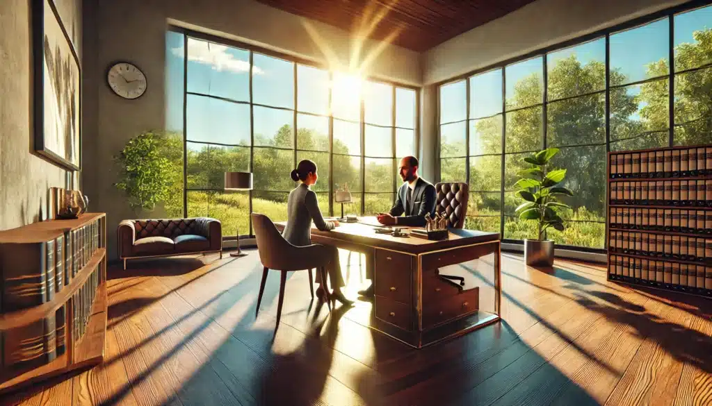 A wide-angle, photo-realistic, cinematic image showcasing a professional and compassionate divorce lawyer meeting with a client in a serene office setting on a sunny summer day. The lawyer and client are seated at a polished wooden desk, engaged in a supportive and understanding conversation. The office has large windows letting in natural sunlight, with a vibrant summer landscape visible outside, featuring green trees and clear skies. The atmosphere is warm and welcoming, emphasizing the benefits of partnering with skilled and compassionate lawyers for family law matters. No cameras or equipment visible.