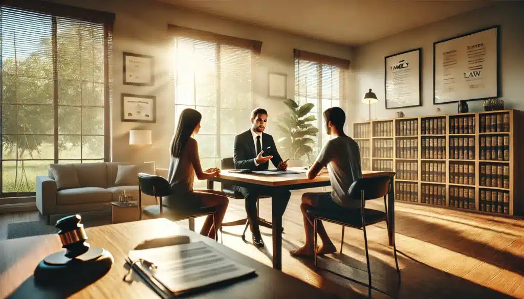 A wide-angle, photo-realistic, cinematic image of a family law attorney advising two parents in a modern, sunlit office on a summer day. The scene captures a professional yet approachable atmosphere, with legal documents spread across a desk and the attorney gesturing while explaining key points. The parents are engaged and attentive, seated across from the attorney, while natural light streams in through large windows, evoking summer vibes. The background features tasteful decor with a bookshelf and framed legal certificates, adding a sense of credibility and professionalism.